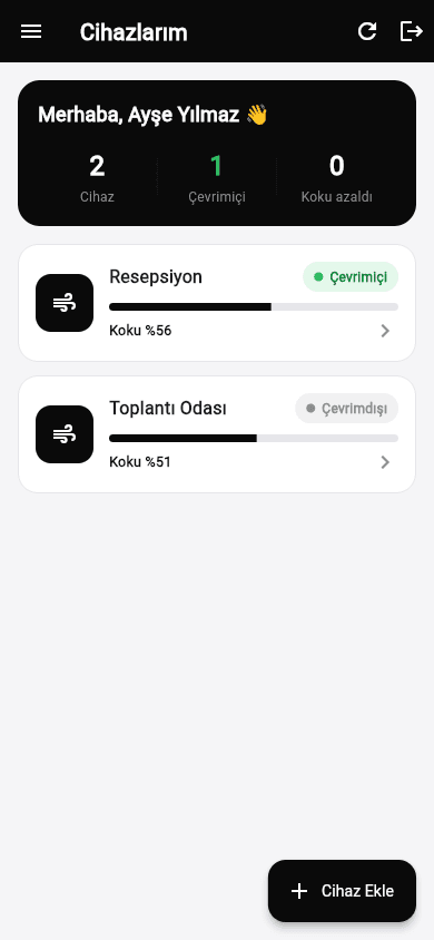 Müşteri panosu — cihaz kartları, koku seviyeleri