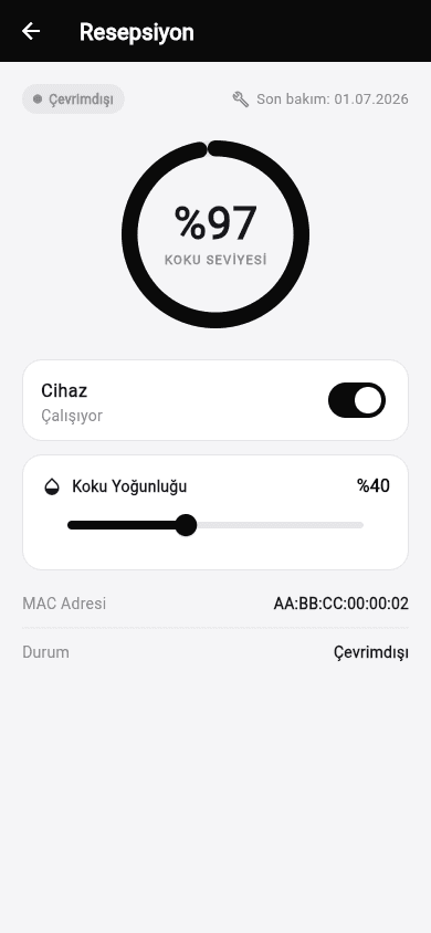 Cihaz detayı — koku göstergesi, aç/kapa, yoğunluk