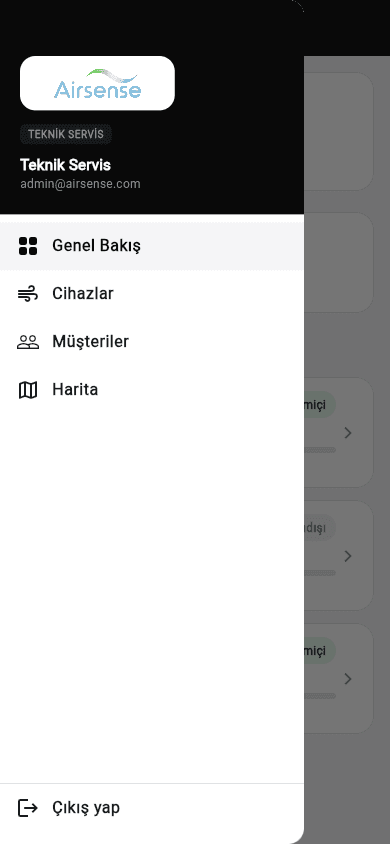 Admin yandan menü — Genel Bakış / Cihazlar / Müşteriler / Harita