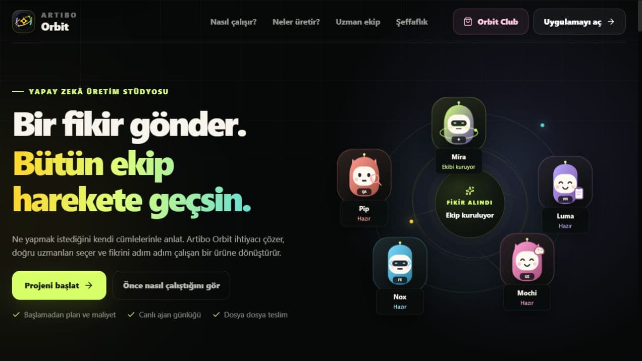 Artibo Orbit tanıtım sayfası ve çoklu ajan ekibi
