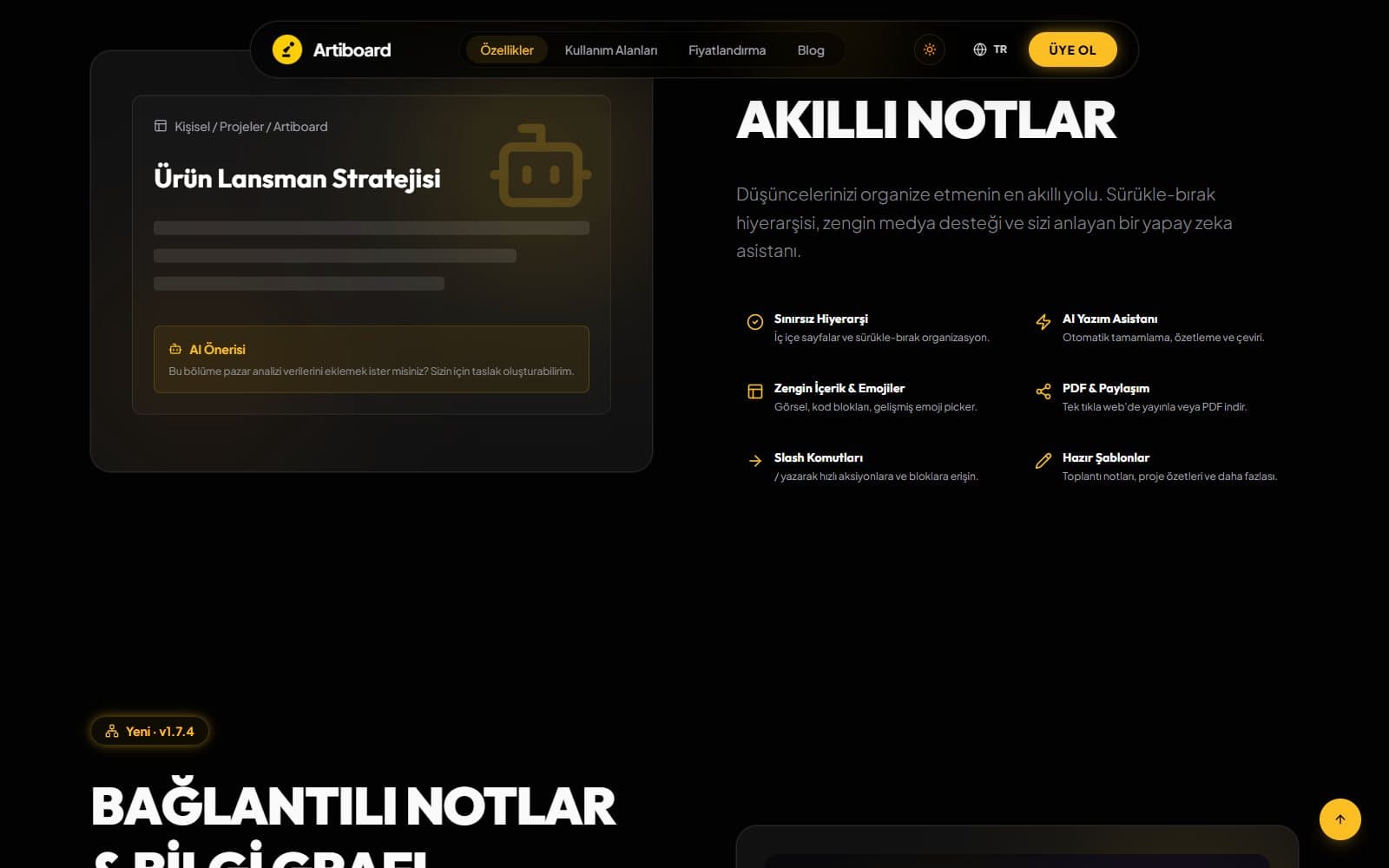 Özellikler sayfası — Akıllı Notlar bölümü