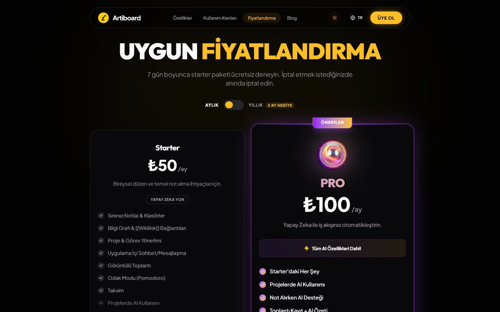 Fiyatlandırma — aylık/yıllık geçişli planlar
