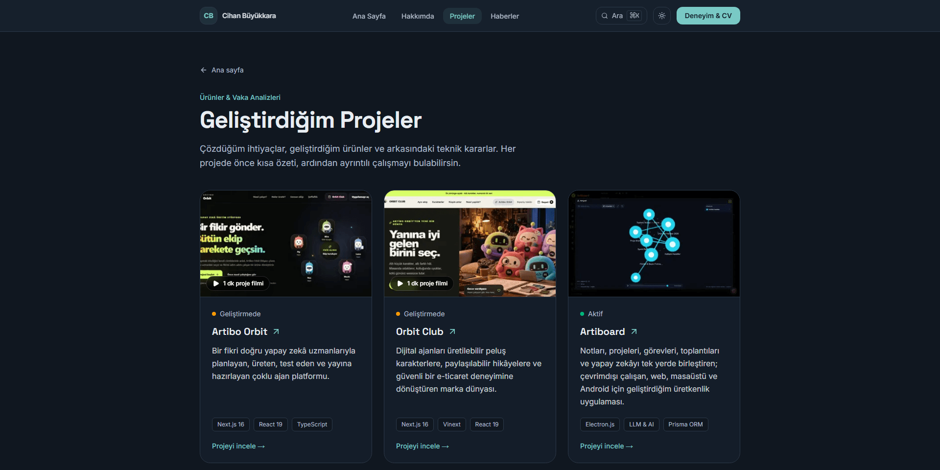 Projeler sayfası — vaka analizleri